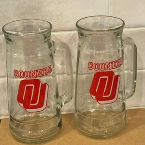 Oklahoma Sooners OU‎ NCAA Glass Beer Mugs Set of 2 Clear Red Logo 7 Inch Steins